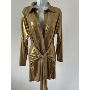 Norma Kamali Tie Front Mini Dress Sz: S Long Sleeve Metallic Gold Lame Sexy (b1)